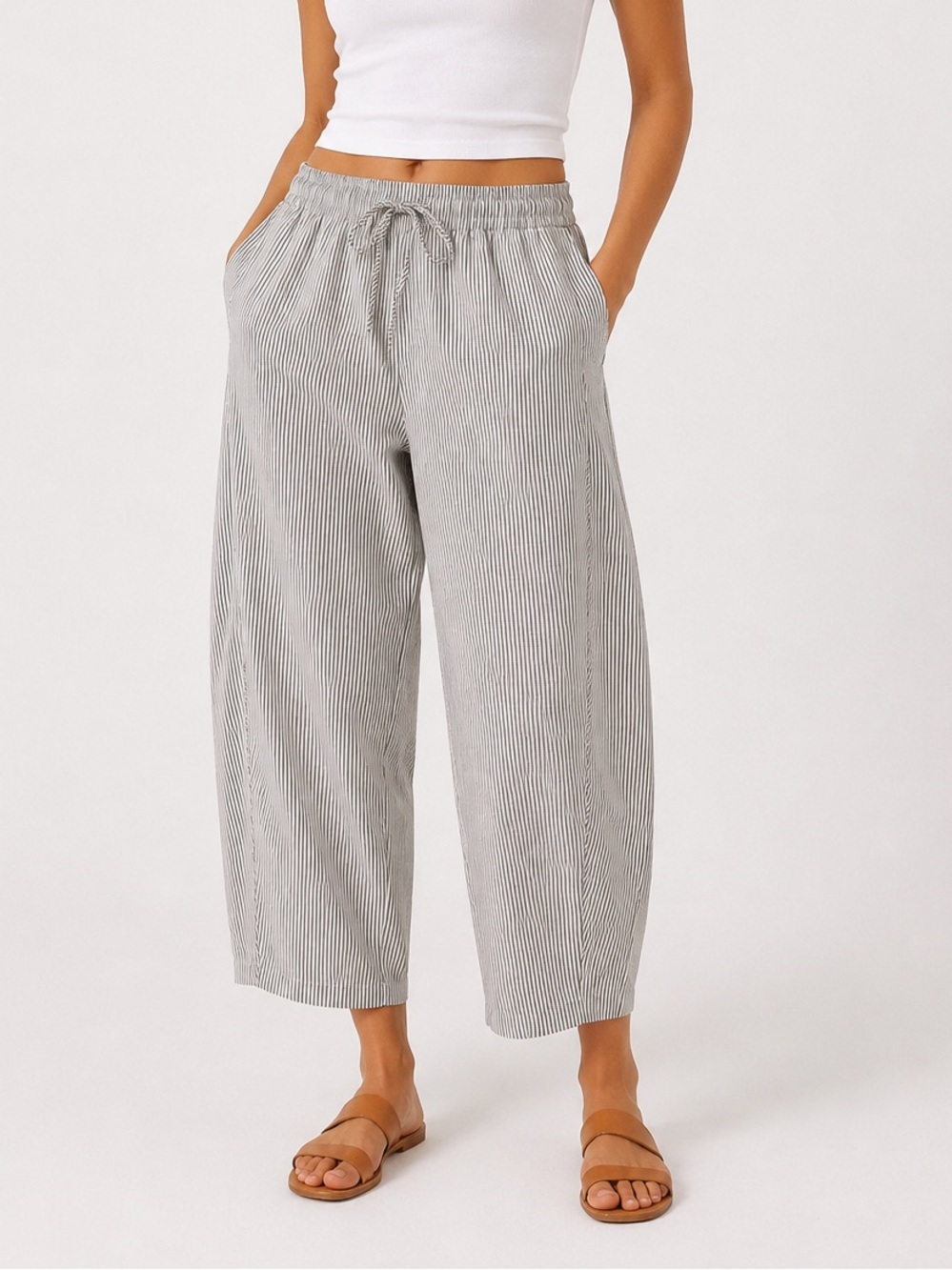 J.O.A Wide-Leg Striped Pull-On Pants Barrel Leg Pants Striped pants